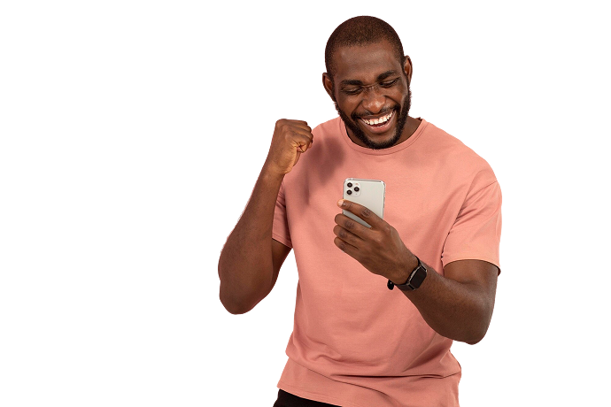 Happy man using phone