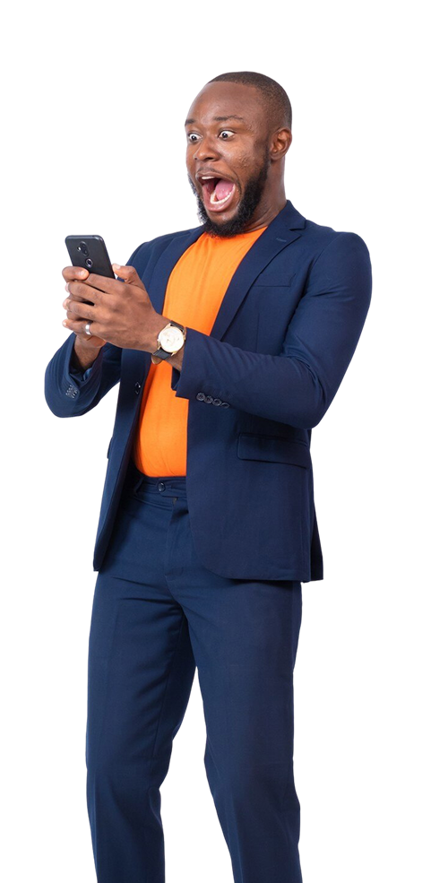 Happy man using phone